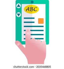 English ABC language and grammar learning flat vector icon. Online vocabulary for translation and conversation. E-reading app. E-book illustration with person hand isolated on white background