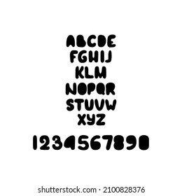 abc. inglés. Juego de vectores de dibujos animados blancos, letras divertidas en inglés, números, símbolos. Tipo de letra dibujado a mano, alfabeto, letra, números, suspiros, letras mayúsculas