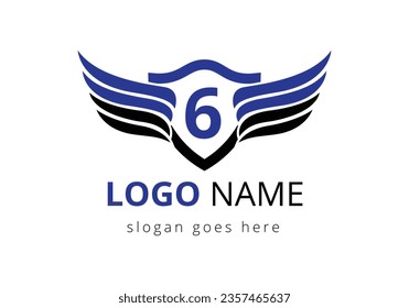 English alphabet 6 with wings logo design. Transportation Logo Letter and Wings Concept