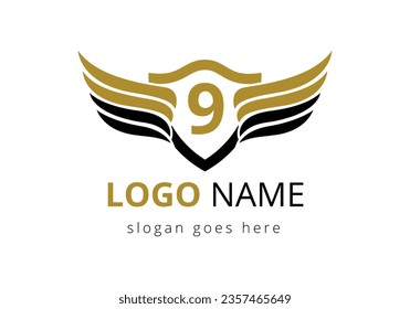 English alphabet 9 with wings logo design. Transportation Logo Letter and Wings Concept