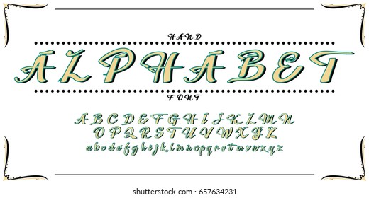 
English alphabet. ABC. Hand font. stylized. The futuristic design of the font. Turquoise pattern. Ocher letters on a white board background. The black shadow. Illustration. Education 3D, stock