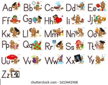 English alphabet abc letter set. Owl teacher learn grammar. Isolated on white vector cartoon illustration