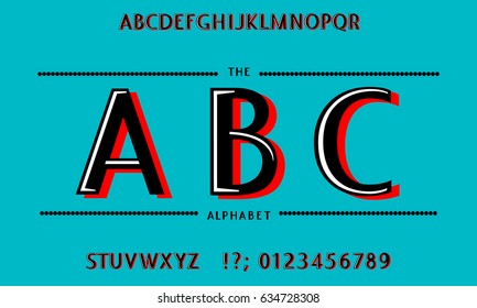 English alphabet. ABC. stylized. The futuristic design of the font. black and red letters on the board turquoise background. Illustration. Education. 3D, stock vector