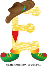 English alphabet.  Abstract template element. Vector illustration of letter E on white background. Cowboy style cartoon characters.