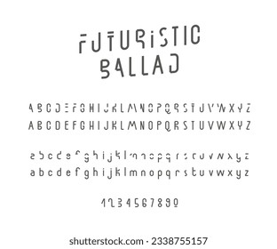 English alphabet with an alternative font. Futuristic trendy modern space font. Letters drawn by hand with a brush. Lettering. Latin alphabet. Vector alphabet on a white background.