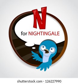The English alphabet of animal theme. N for Nightingale. Vector illustration
