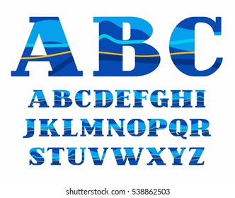 English alphabet, Aqua, vector font, capital letters. Vector colorful letters with serifs. Blue and yellow wave on blue background. Sea waves simulation.  