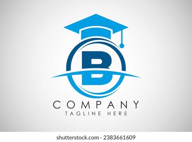 English alphabet B in a circle with education hat. Education and graduation logo vector