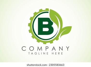 English alphabet B with gear and leaf. Eco technology logo, Green eco tech logo template design vector. Nature Industry