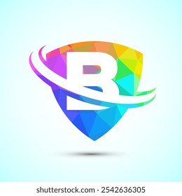 Alfabeto inglés B con escudo y swoosh. Diseño de logotipo moderno creativo estilo de baja poli