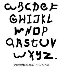 English alphabet, black letters isolated on white background, the template elements. Stylized black font, hand drawn in a children's style for the logo, print, pattern, advertising, web design, icons.