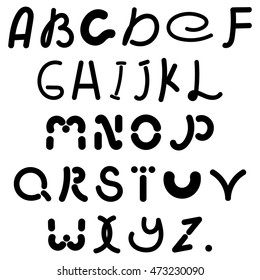 English alphabet, black letters isolated on white background, the template elements. Stylized black font, hand drawn in a children's style for the logo, print, pattern, advertising, web design, icons.