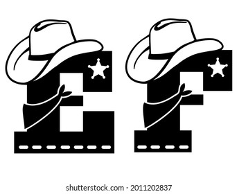 English alphabet black silhouette. Vector illustration of letter E and F with western decoration Cowboy hat and sheriff star isolated on white background. Cowboy baby cartoon party style characters