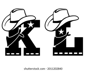 English alphabet black silhouette. Vector illustration of letter K and L with western decoration Cowboy hat and sheriff star isolated on white background. Cowboy baby cartoon style characters