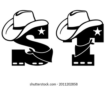 English alphabet black silhouette. Vector illustration of letter S and T with western decoration Cowboy hat and sheriff star isolated on white background. Cowboy baby cartoon party style characters