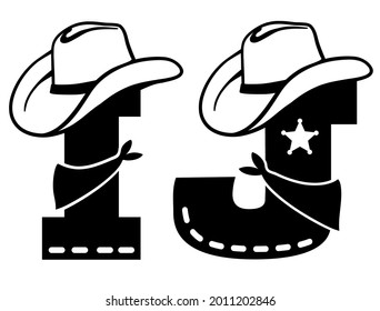 English alphabet black. Vector illustration of letter J and I with western decoration Cowboy hat and sheriff star isolated on white background. Cowboy baby cartoon party style characters