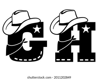 English alphabet black. Vector illustration of letter G and H with western decoration Cowboy hat and sheriff star isolated on white background. Cowboy baby cartoon party style characters