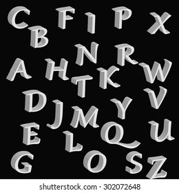 English alphabet. Block English letters on the black background. Three-dimensional English alphabet.