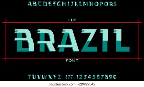 
English alphabet. Brazil. Futuristic font design. Geometric leaf, green and dark green letters on a black background board. 3D letters. ABC. Education. abstract line. Presentation template EPS 10