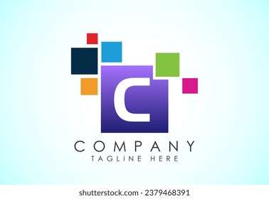 English alphabet C with data pixel. Creative technological modern data pixel logo