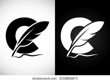 English alphabet C with feather logo design template. Logo for a writer or publishers.