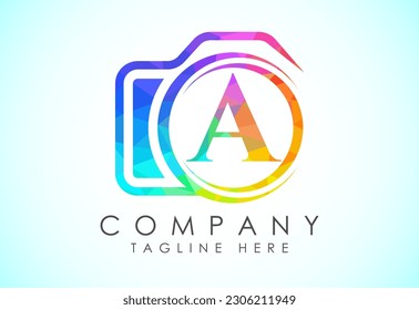 English alphabet A with a camera icon. Low poly style logo for photography business, and company identity