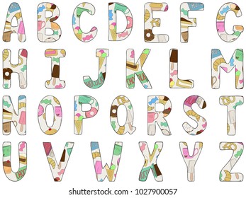 English Alphabet. Capital Letters. Hand Drawn Font With Sweets And Desserts