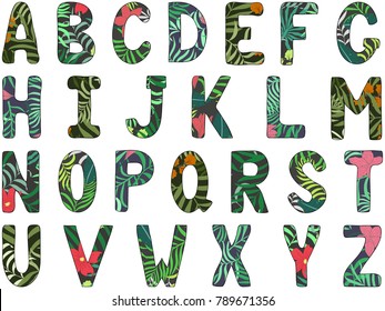 English Alphabet. Capital Letters. Hand Drawn Tropical Font