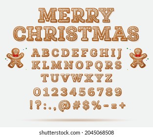 English Alphabet with Capital Letters and Numbers. Set of Gingerbread Cookies. Christmas Font. Vector Illustration. Christmas Cookies. Holidays Pastry. Gingerbread Man.