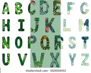 English alphabet. Capital letters. Set of three hand drawn tropical fonts