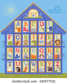 English Alphabet cards in a shape of the house. Letters and drawings. ABC print.