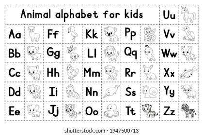 English alphabet with cartoon characters. Coloring page. Vector set. Learn ABC. Lowercase and uppercase letters.