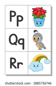 English alphabet with cartoon characters. Flash cards. Vector set. Bright color style. Learn ABC. Lowercase and uppercase letters.