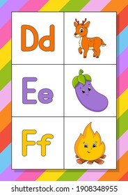 English alphabet with cartoon characters. Flash cards. Vector set. Bright color style. Learn ABC. Lowercase and uppercase letters.