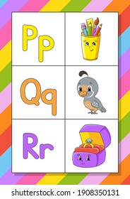 English alphabet with cartoon characters. Flash cards. Vector set. Bright color style. Learn ABC. Lowercase and uppercase letters.
