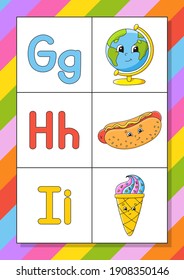 Englisches Alphabet mit Zeichentrickfiguren. Flash-Karten. Vektorset. Heller Farbstil. Lernen Sie ABC. Groß- und Kleinschreibung.
