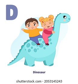 English alphabet with cartoon cute children illustrations. Kids learning material. Letter D. Cute boy and girl sit astride a dinosaur.

