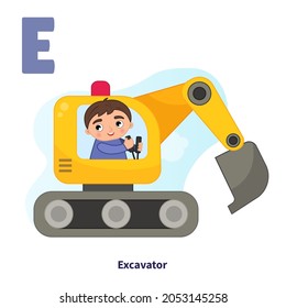 English alphabet with cartoon cute children illustrations. Kids learning material. Letter E. Cute boy on excavator.
