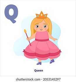 English alphabet with cartoon cute children illustrations. Kids learning material. Letter Q. Cute little girl in queen costume.


