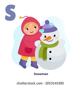 English alphabet with cartoon cute children illustrations. Kids learning material. Letter S. Cute little girl sculpts a snowman.

