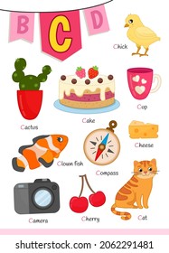 English alphabet with cartoon cute children illustrations. Kids learning material. Letter C. Illustrations cake, cactus, cat, compass, cup, camera, cheese, clown fish.

