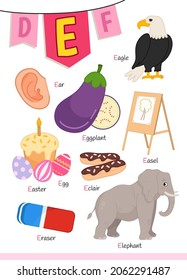 English alphabet with cartoon cute children illustrations. Kids learning material. Letter E. Illustration,eagle, elephant, easter eraser, easel.

