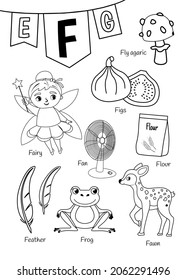 English alphabet with cartoon cute children illustrations. Kids learning material. Letter F. Fairy illustration, fig, fan, fawn, fly agaric, frog. Outline collection.