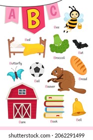 English alphabet with cartoon cute children illustrations. Kids learning material. Letter B. Illustrations bee, bed, beaver, barn, broccoli, ball. 
