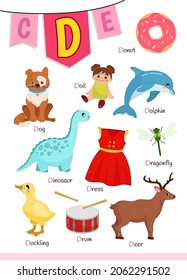 Alfabeto inglés con dibujos animados de niños lindos ilustraciones. Material didáctico para niños. Letra D. Ilustración, muñeca, dinosaurio, vestido, patito, tambor, delfín, donut, perro.

