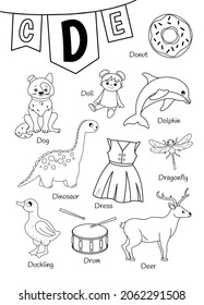 English alphabet with cartoon cute children illustrations. Kids learning material. Letter D. Illustration,doll, dinosaur, dress, duckling, drum, dolphin, donut, dog. Outline collection.
