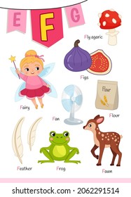 English alphabet with cartoon cute children illustrations. Kids learning material. Letter F. illustration, fig, fan, fawn, fly agaric, frog, fairy.