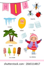 English Alphabet With Cartoon Cute Children Illustrations. Kids Learning Material. Letter I. Illustration,insects, Icicles, Island, Ice Cream.

