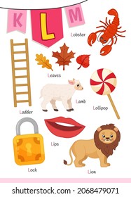 English alphabet with cartoon cute children illustrations. Kids learning material. Letter L. Illustrations lion, lobster, stairs, lollipop, lock.

