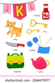 English alphabet with cartoon cute children illustrations. Kids learning material. Letter K. Illustrations kitten, ketchup, key, knitting, knife, kettle.

